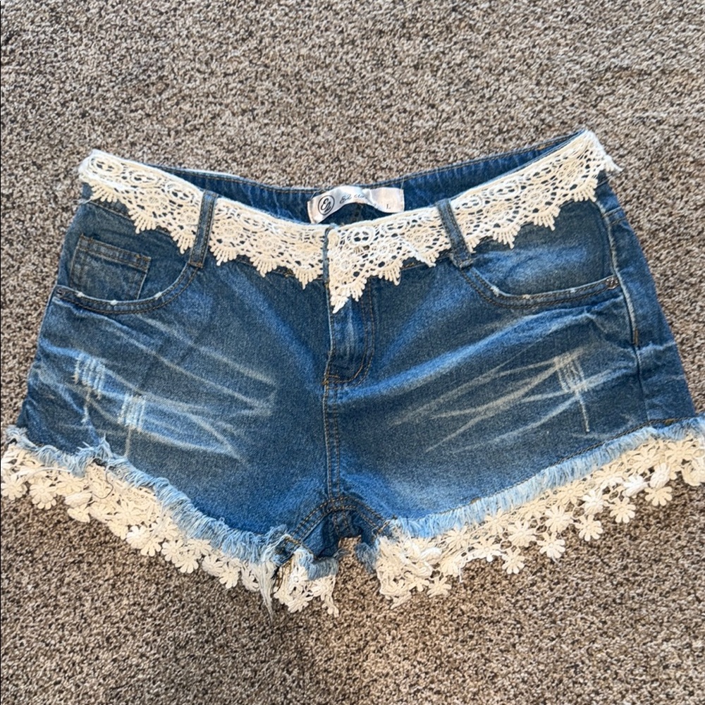Chico's Blue and White Jean Shorts with Crochet Details